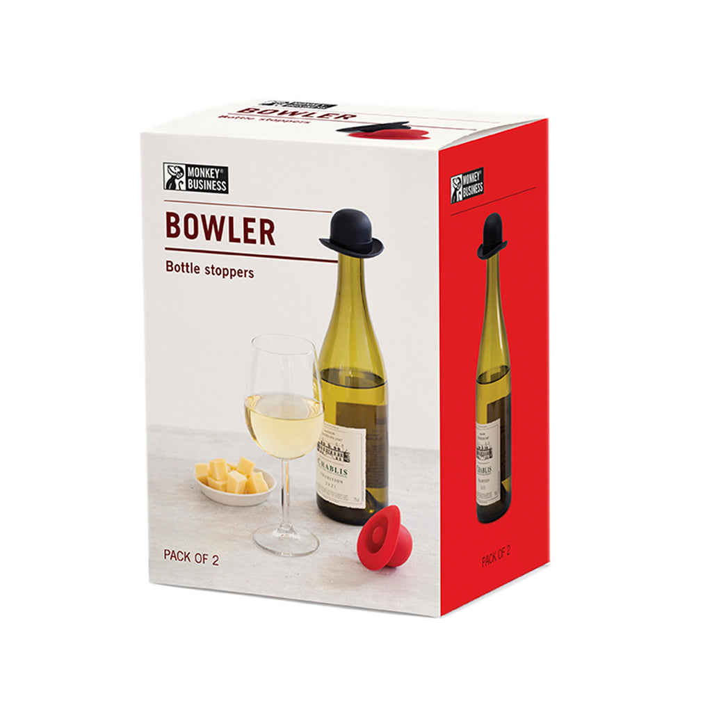 Bowler Silicone derby hat wine bottle stoppers set of 2 Black & Red - Monkey Business - GIFT PACK