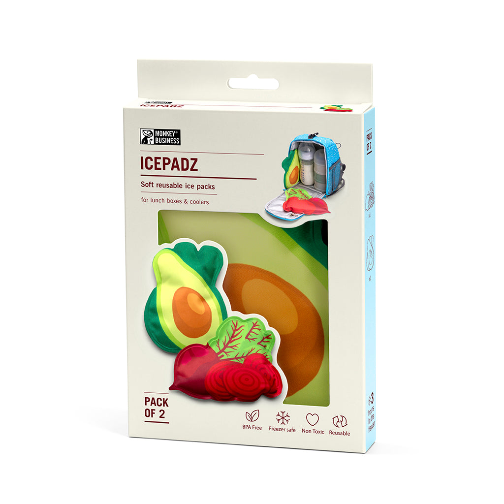 ICEPADZ | 2 Soft ice packs Slim and flexible Bright and colorful designs suitable for babies and young children, BPA Free. Monkey Business