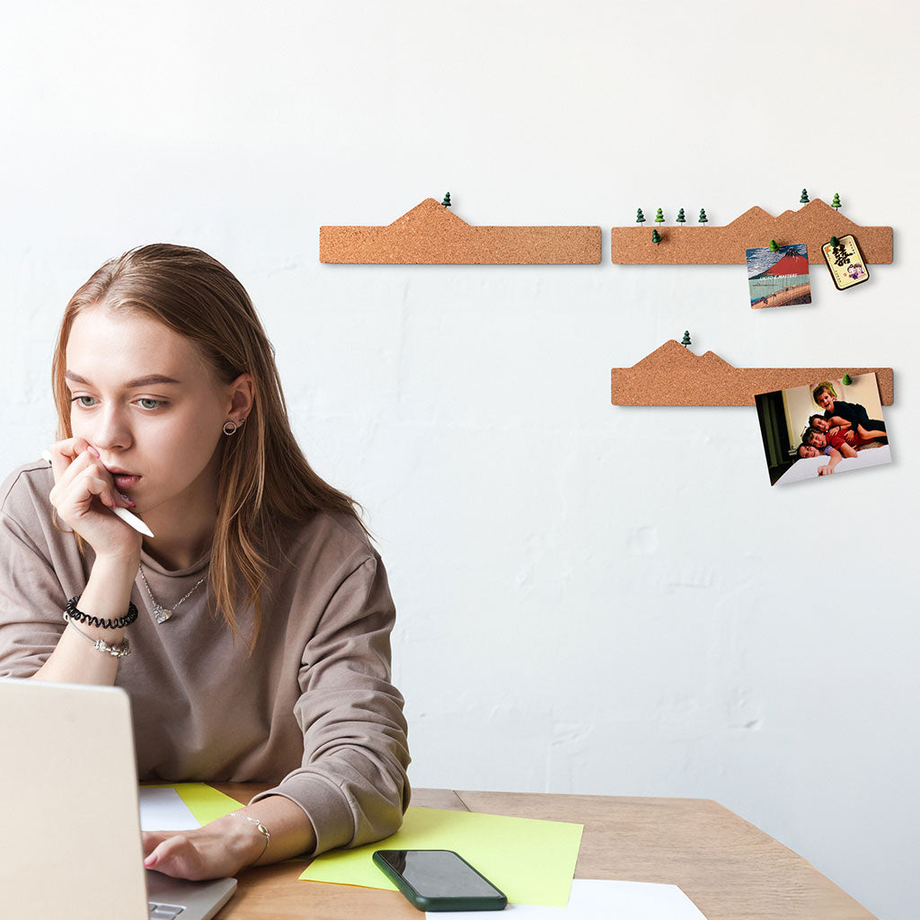 Memo Mountain 3 mini cork board with tree-shaped pins