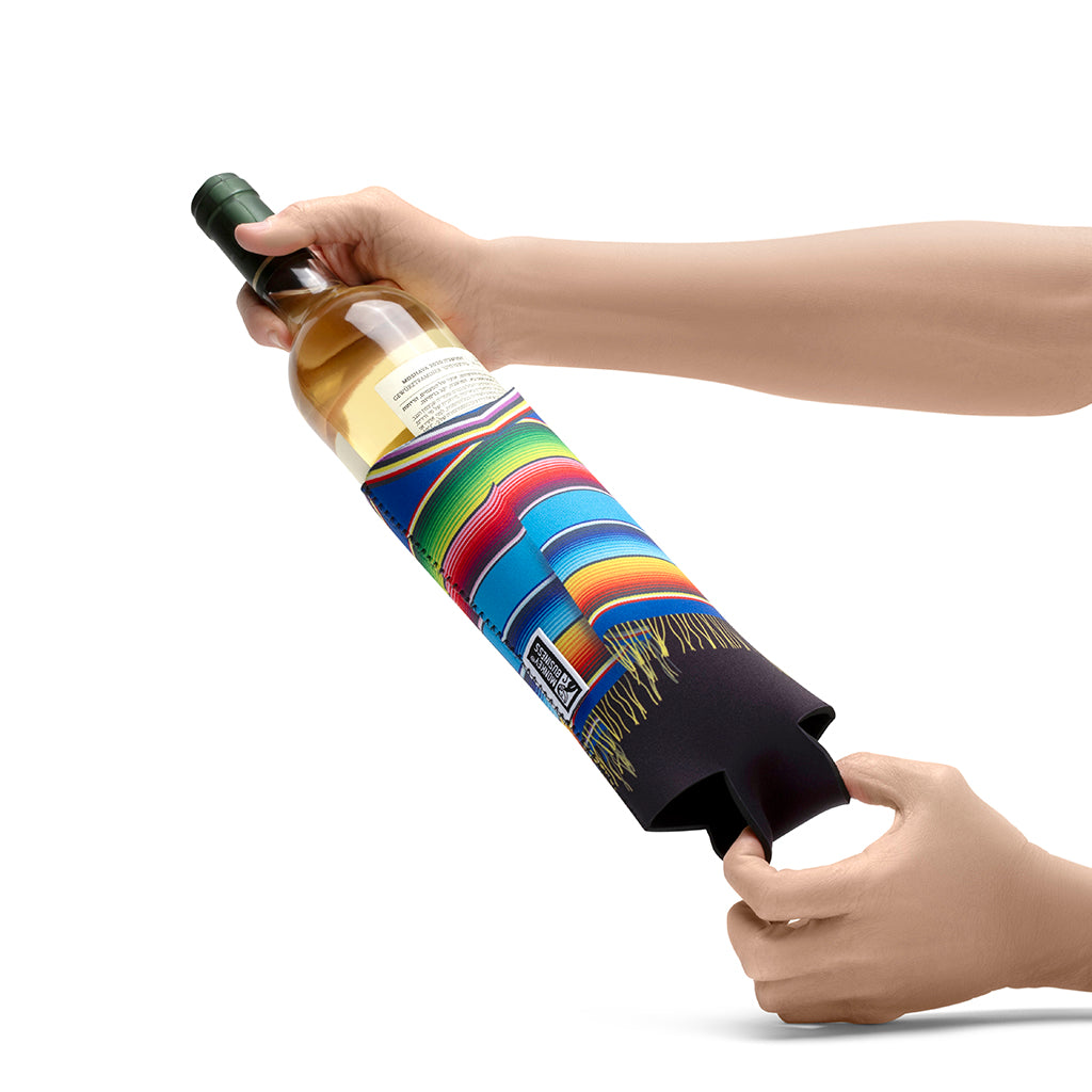 Flat view of neoprene poncho sleeves showing back and bottom slits for easy fitting on wine bottles.