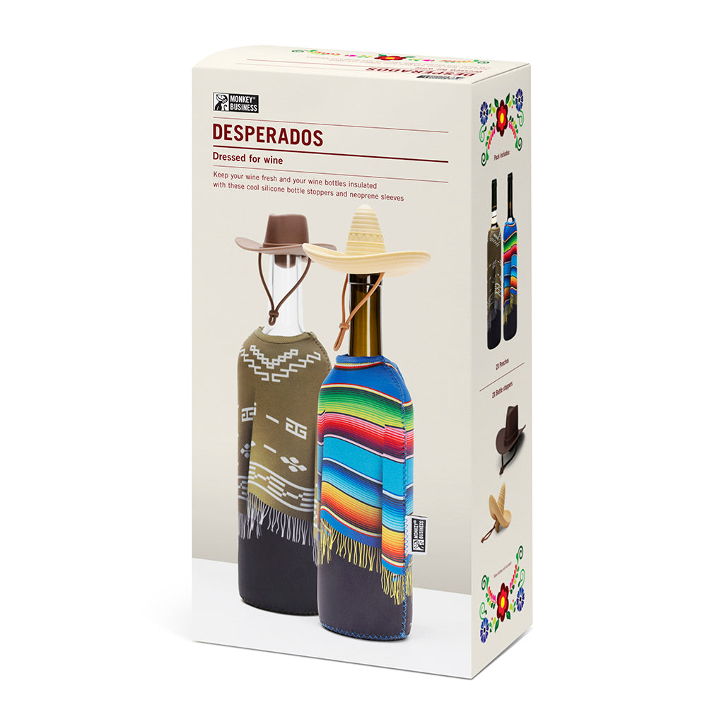 Desperados de Vino gift set box showing playful Wild West-themed wine accessories – two neoprene bottle covers and two silicone stoppers- gift box for wine lovers