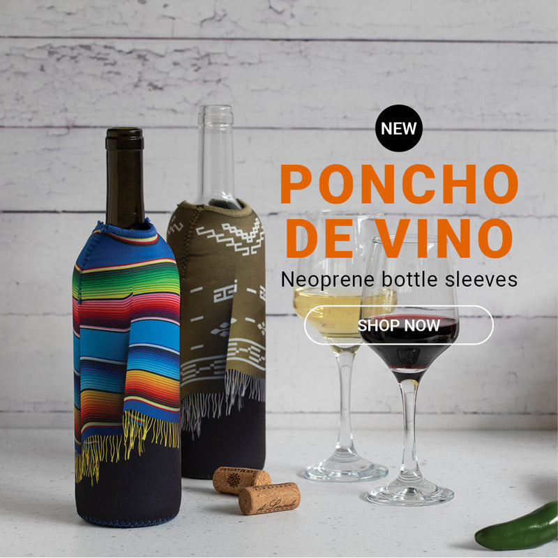 wine bottle sleeves in vibrant poncho designs, designed to keep wine chilled and add fun to any table.