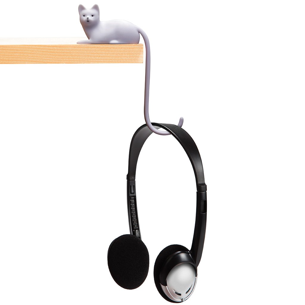 ginger screen hook with 3M adhesive 	Tail-shaped hook hanging from a shelf with a headphone wire by Monkey Business