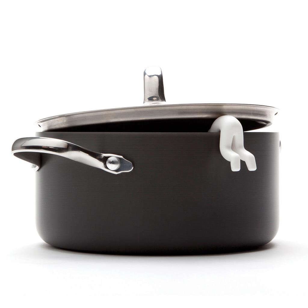 Lid Sid Silicone steam release figurine holding a pot lid open